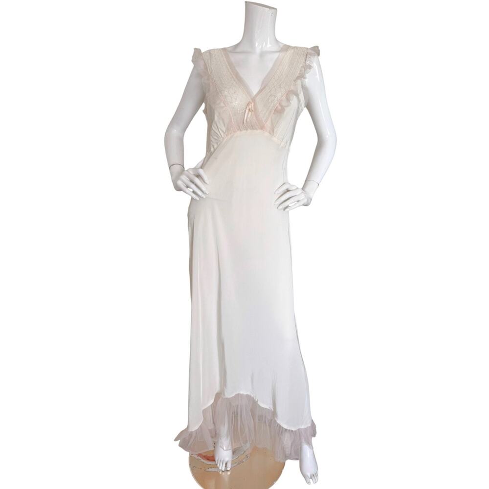 Vintage 30s 40s Pandora Ivory Silky Slip Dress Pink Tulle Trim Bias Maxi S/M